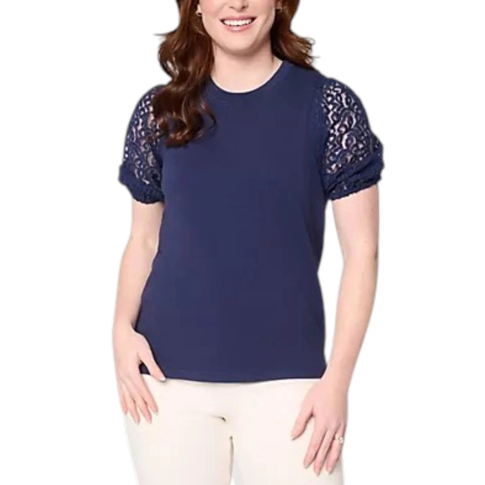 BEAUTIFUL by Lawrence Zarian Crew Neck Elbow Lace Sleeve Top Navy - Regular